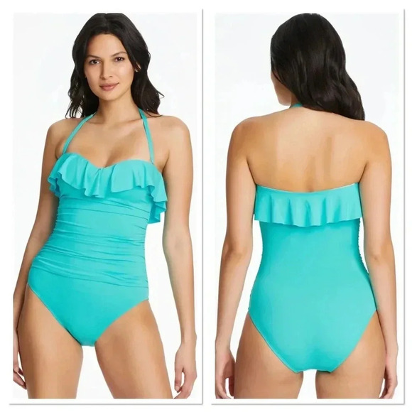 BLEU ROD BEATTIE KORE RUFFLED BANDEAU ONE PIECE SWIMSUIT SIZE 10 - Picture 1 of 8